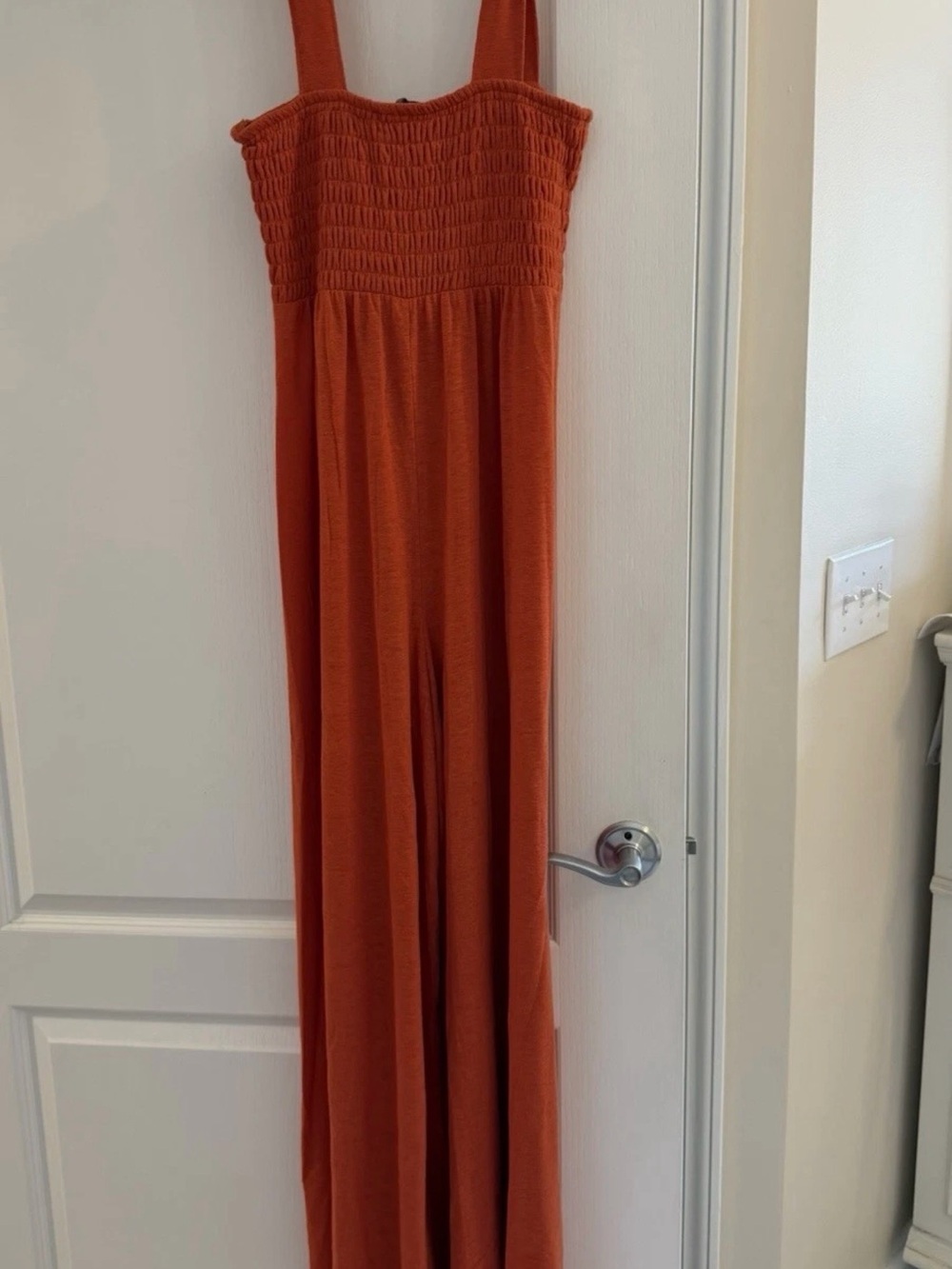 Women's coral orange Free People maxi jumpsuit with pockets and smocked NWT Med